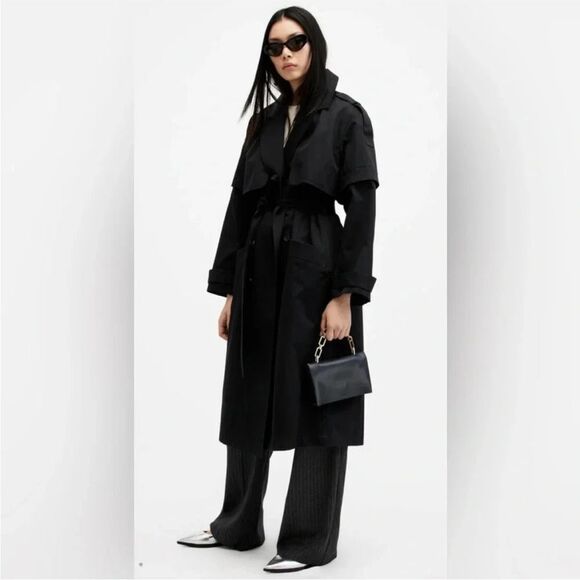ALLSAINTS Women’s Clyde Black Trench Coat With Removable Sleeves Size US 0 UK 4 - Picture 1 of 4